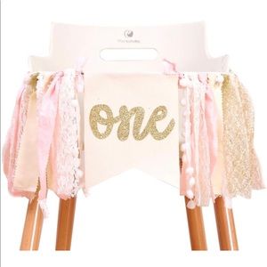 First birthday banner with burlap and lace streamers (pink, gold, cream)